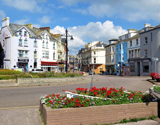 View of Fore Street shops in the town centre with pretty flowerbeds in the foreground, Seaton, Devon, UK, Europe.