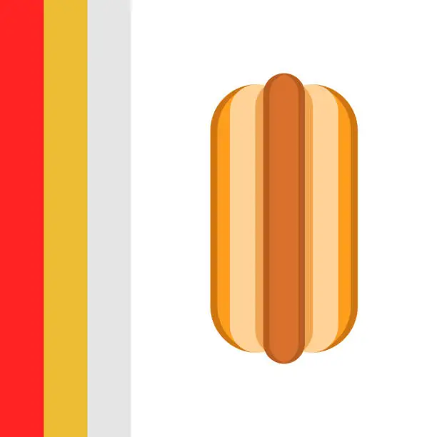 Vector illustration of Hot dog without sauces, top view food vector illustration street food poster with three red, yellow, and white stripes abstract sauces: ketchup, mustard, and mayonnaise.