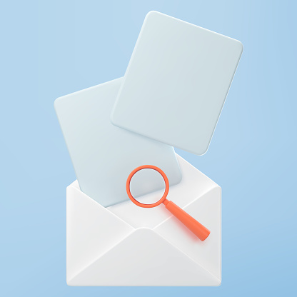 3d white open mail envelope icon with orange magnifying glass isolated on blue background. Render approvement concept, email notification with document. 3d realistic vector.