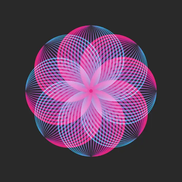 Vector illustration of Circular infinity pattern print featuring an overlapping symmetric circles grid with thin lines, artistic sacred geometry in blue-pink gradient artwork.