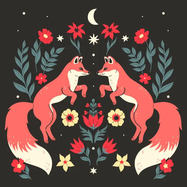 Vector illustration of Symmetrical composition of two foxes and flowers on a dark background. Vector graphics