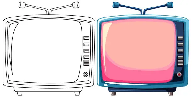 Vector illustration of Two vintage TVs with colorful screens and antennas.