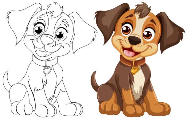 Vector illustration of Two cartoon dogs smiling, one colored and one outlined.