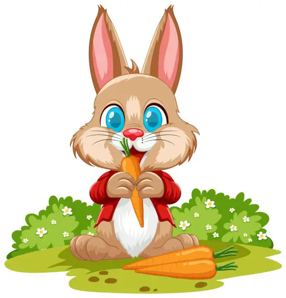 Vector illustration of Adorable rabbit eating carrot in a flower field.