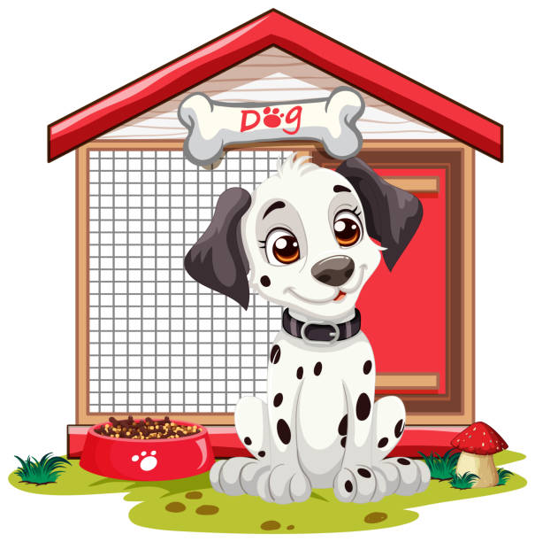 illustrazioni stock, clip art, cartoni animati e icone di tendenza di cucciolo del fumetto seduto vicino alla sua cuccia e ciotola del cibo. - dog spotted purebred dog kennel