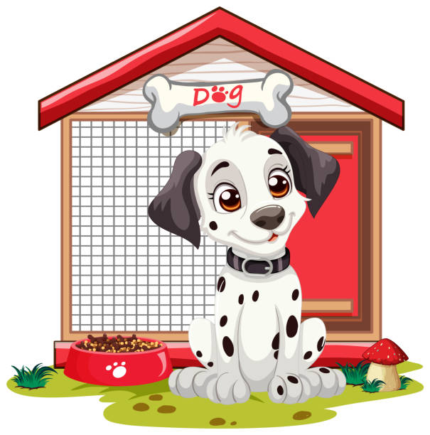 ilustrações de stock, clip art, desenhos animados e ícones de cartoon puppy sitting by its kennel and food bowl. - dog spotted purebred dog kennel