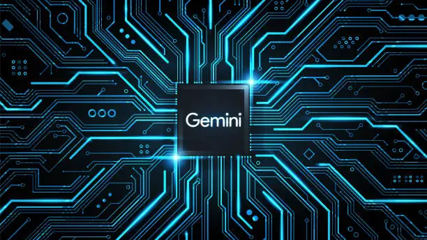 Vector illustration of Gemini Ai, Artificial intelligence chatbot logo on circuit board, Gemini AI Chatbot concept, vector illustration