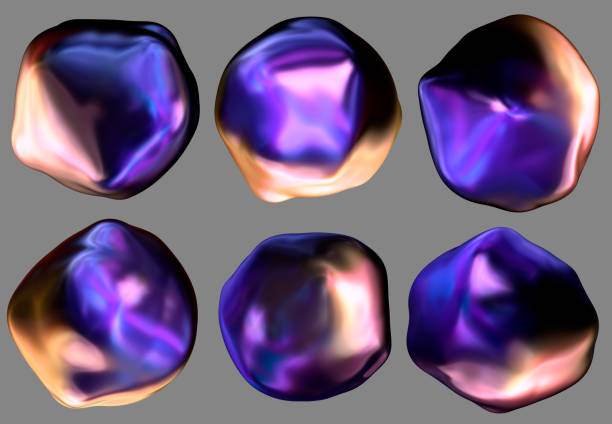 Fluid iridescent 3D blobs. Set of 6 design elements, isolated on gray.