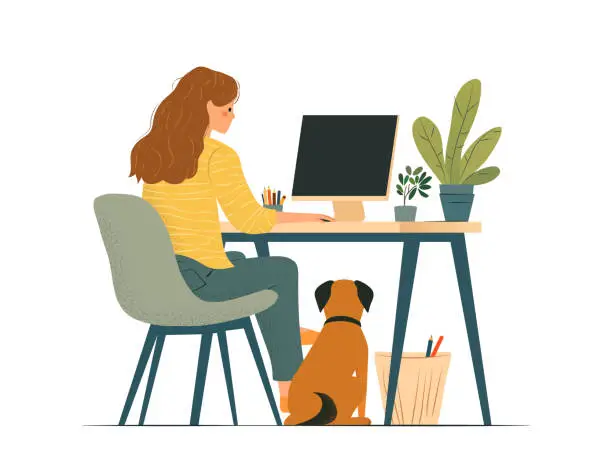 Vector illustration of Woman sitting at her desk with a puppy while working on her computer, full body, isolated on a white background. Simple flat vector illustration