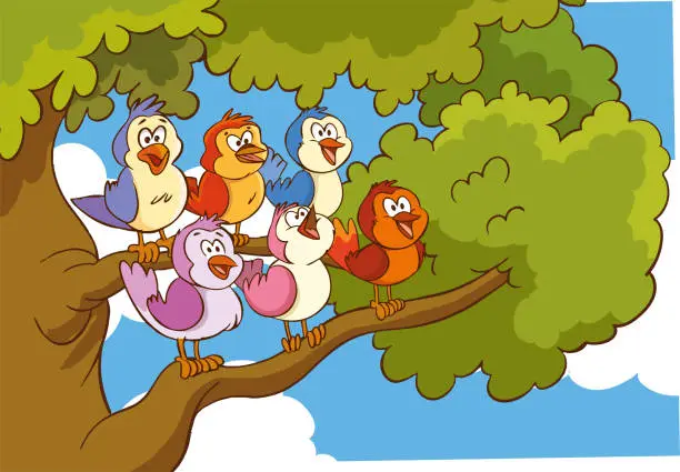 Vector illustration of Family of birds sitting on a tree branch. Vector cartoon illustration.