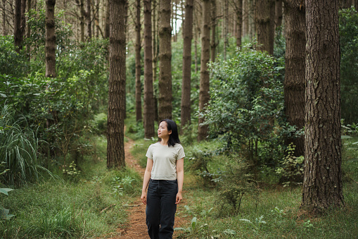 Young Asian woman walking on narrow forest path, reveling in nature