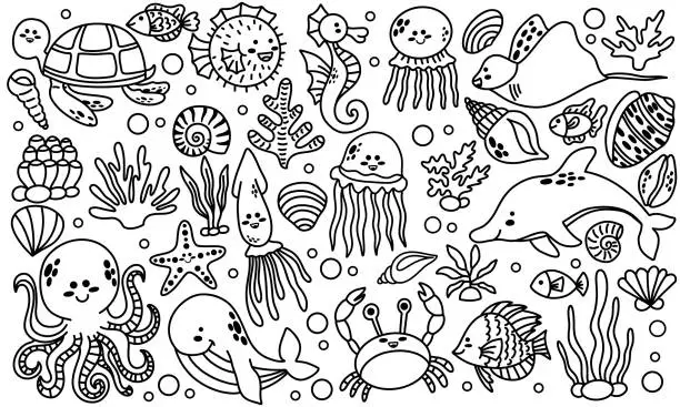Vector illustration of Set of sea animals in line doodle style . Cartoon animals for kids. Doodle.