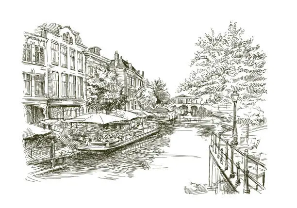 Vector illustration of Leiden, hand drawn vector illustration
