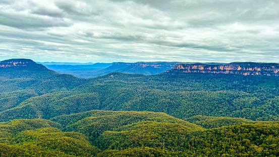 Nature scenery, wooded blue mountains in Australia, blue sky clouds