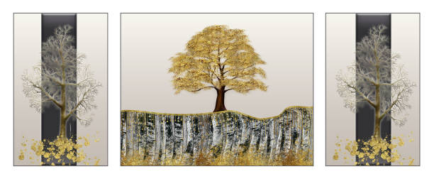 istock golden and black trees with gray mountains on a light landscape light background.3d frames for home wall decoration, living room artwork 2022323997