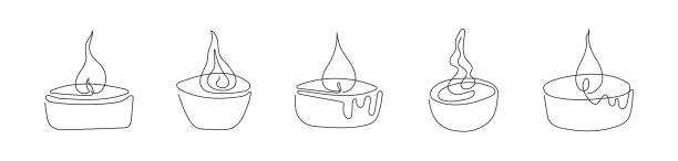 ilustrações, clipart, desenhos animados e ícones de conjunto de velas acesas de chá com chamas. velas aromáticas acesas. desenho contínuo de uma linha. arte de linha. isolado no fundo branco. elemento de design para impressão, saudação, cartão postal, scrapbooking - candle tea light candlelight white background