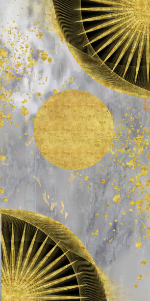 istock Drawing vertical abstract marble art wallpaper for wall decor. Resin geode functional, watercolor geode painting. golden, black, sun circles shapes on paint gray background 2022327190