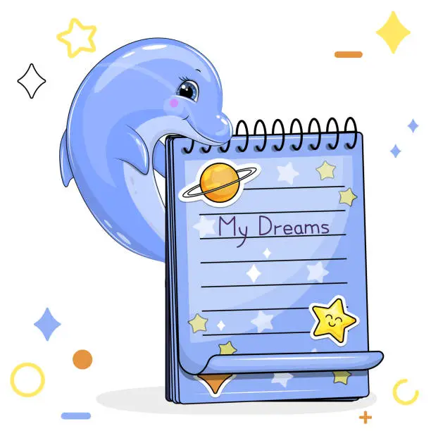 Vector illustration of A cute cartoon dolphin and a blue notebook with stickers.