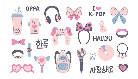 Collection of k-pop symbols and accessories for girls and women. Vector icons set. Stickers, badges for fans in cartoon flat style.