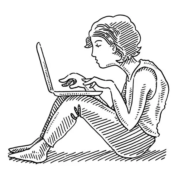 Vector illustration of Young Woman With Laptop On Her Knees Drawing