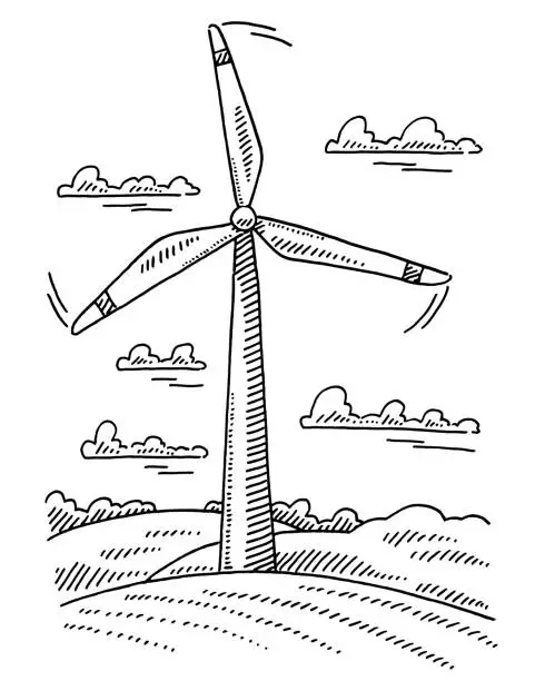 Vector illustration of Wind Turbine Outdoors Drawing