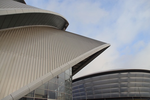 Close up of metallic curved roof of SEC Armadillo in the Scottish Exhibition and Conference Centre in Glasgow