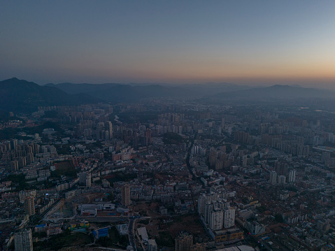 Early morning aerial view of modern cities