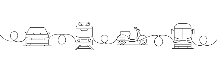 Continuous One Line Drawing Transportation Icons Concept. Single Line Vector Illustration.