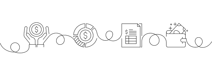 Continuous One Line Drawing Wealth Management Icons Concept. Single Line Vector Illustration.