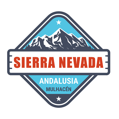 Sierra Nevada ski resort stamp, Spain ski resort emblem with snow covered mountains, Andalusia, vector