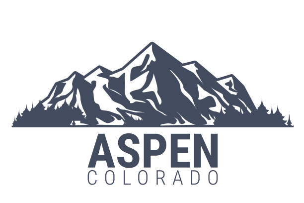 ilustrații de stoc cu aspen, emblema stațiunii de schi colorado, lanț muntos acoperit de zăpadă, vector - colorado