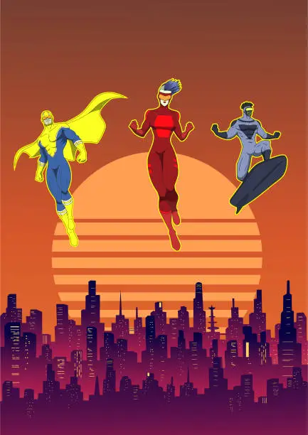 Vector illustration of Vector Masked Superhero Team Flying Floating Above Synthwave Cyberpunk Cityscape Stock Illustration