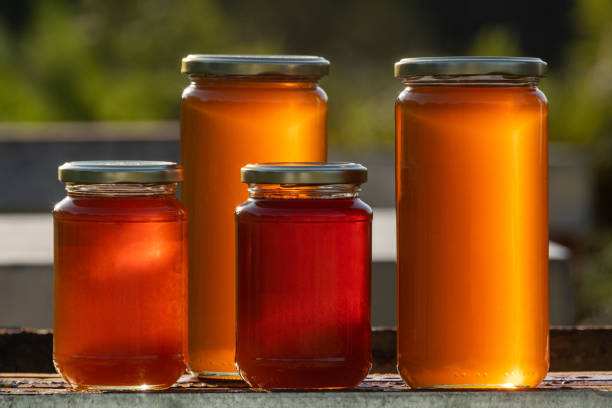 Four jars of organic honey, two large and two small, on a hive under the light of an autumn sunset