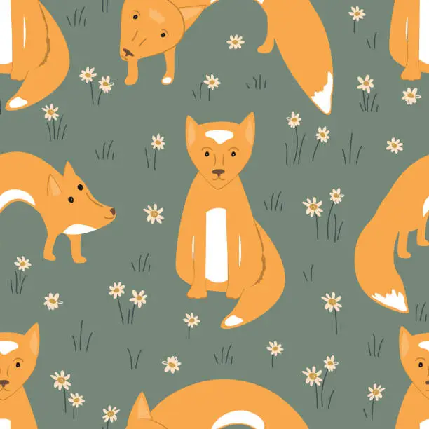 Vector illustration of Fox baby animal and flowers seamless pattern on green background. Vector illustration