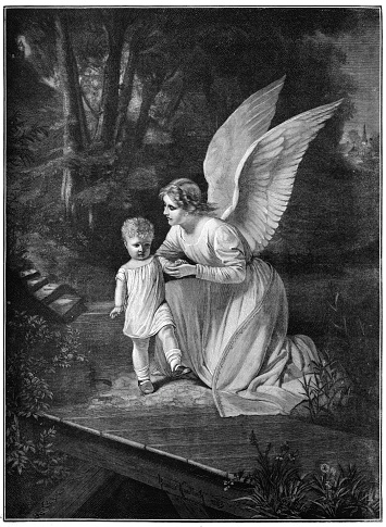 Guardian angel teaching first steps to a baby engraving 1884
Original edition from my own archives
Source : 1884 Ilustración Artística