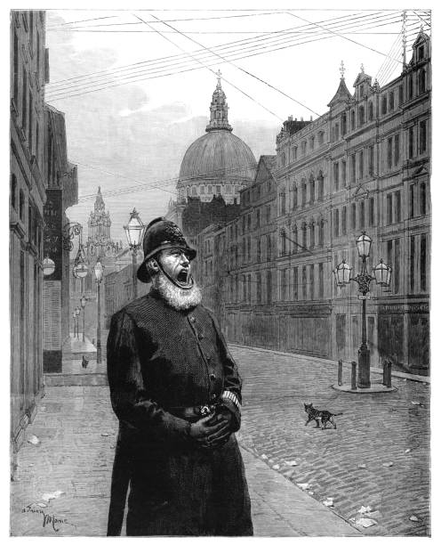 ilustrações, clipart, desenhos animados e ícones de policial gritando nas ruas de londres na gravura de domingo de 1884 - 1884