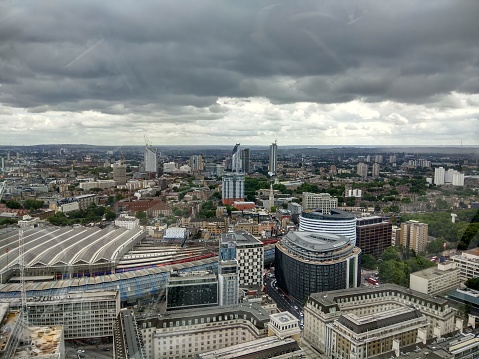 London, United Kingdom – July 30, 2017: A cityscape with buildings under a cloudy sky with scattered clouds in London, United States