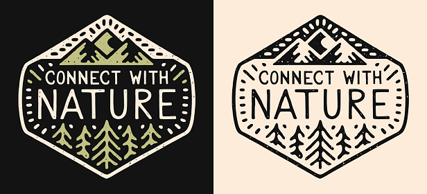 Connect with nature badge logo. Go outside practice grounding earthing activity. Grounded slow living retro vintage mountains illustration poster. Calming anxiety quote t-shirt design print vector.