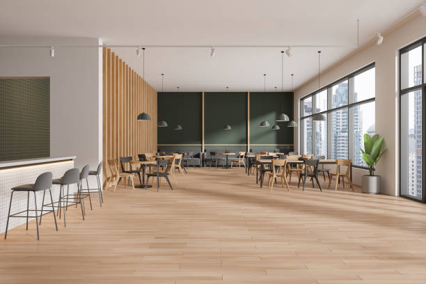 istock Modern restaurant interior with chairs and tables, bar island and window 2022397892