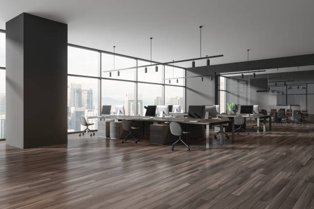 istock Grey business interior with workspace and conference room, panoramic window 2022399527