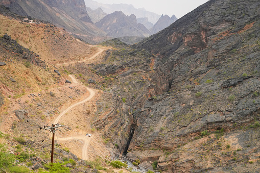 Top view of Spectacular dirt road through Wadi Bani Awf—one of Oman’s most picturesque valleys.