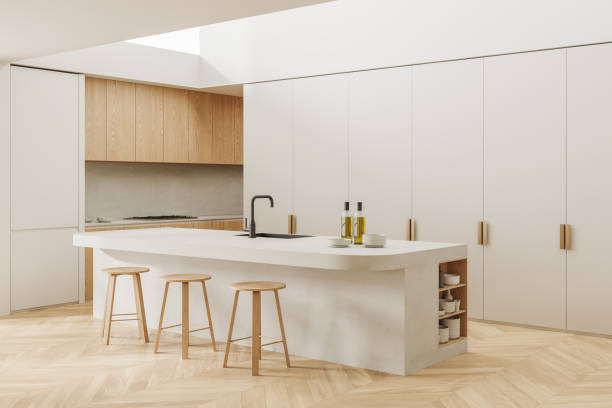istock White and wooden kitchen corner with island 2022401706