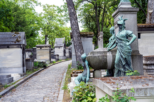 Close up view of some graveyard bronze statue and tombs in Paris, France