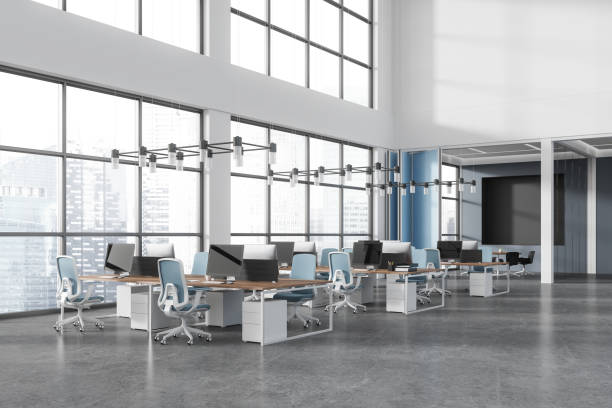 istock Stylish office interior with coworking and conference room, panoramic window 2022407706