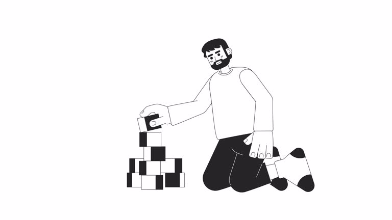 Happy bearded father playing with bricks bw 2D character animation