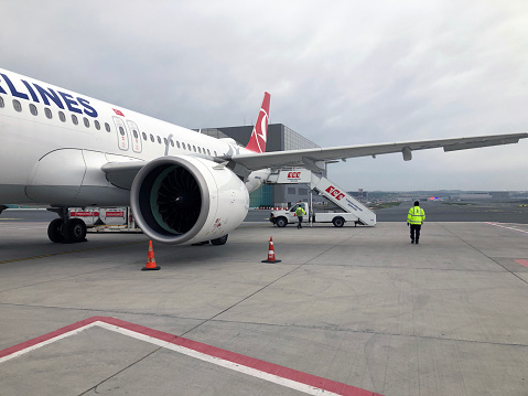 Istanbul, Turkey - April 17, 2022: Turkish Airlines aeroplane preparing for flight at Istanbul International Airport in Istanbul, Turkey
