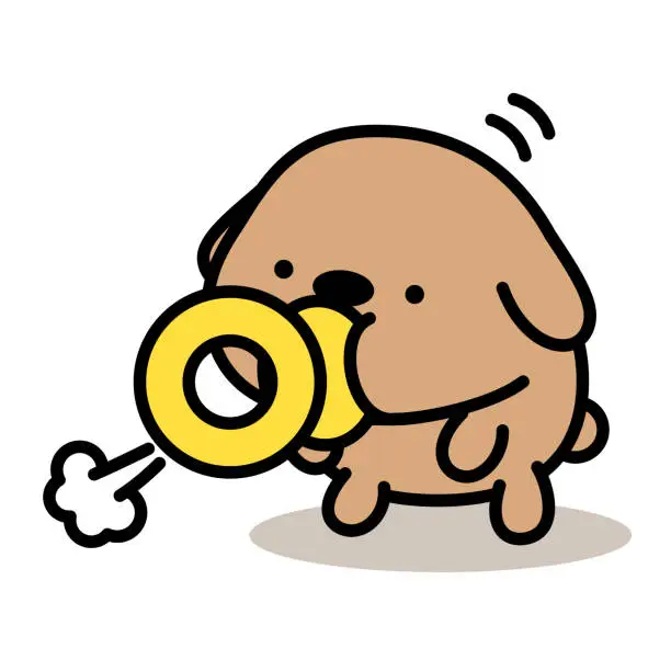 Vector illustration of A cute dog sucking a pacifier stands on its hind legs and is sighing