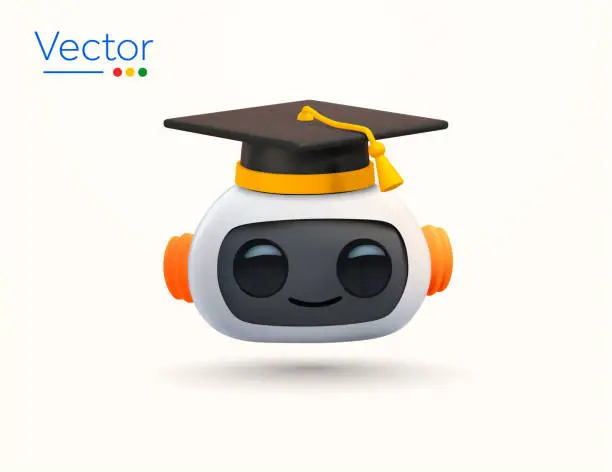 Vector illustration of 3d smart and cute modern robot with head only and graduation cap, minimal style, isolated on background. Chat bot icon, ai-fueled customer support symbol. 3d Vector illustration.