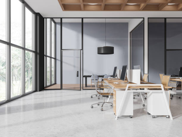 istock Modern office interior with workplace and conference room, panoramic window 2022415283