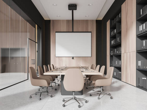 istock Wooden board room interior with projection screen 2022415810